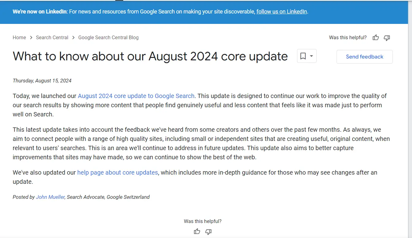 Google August core update 2024 for small sites